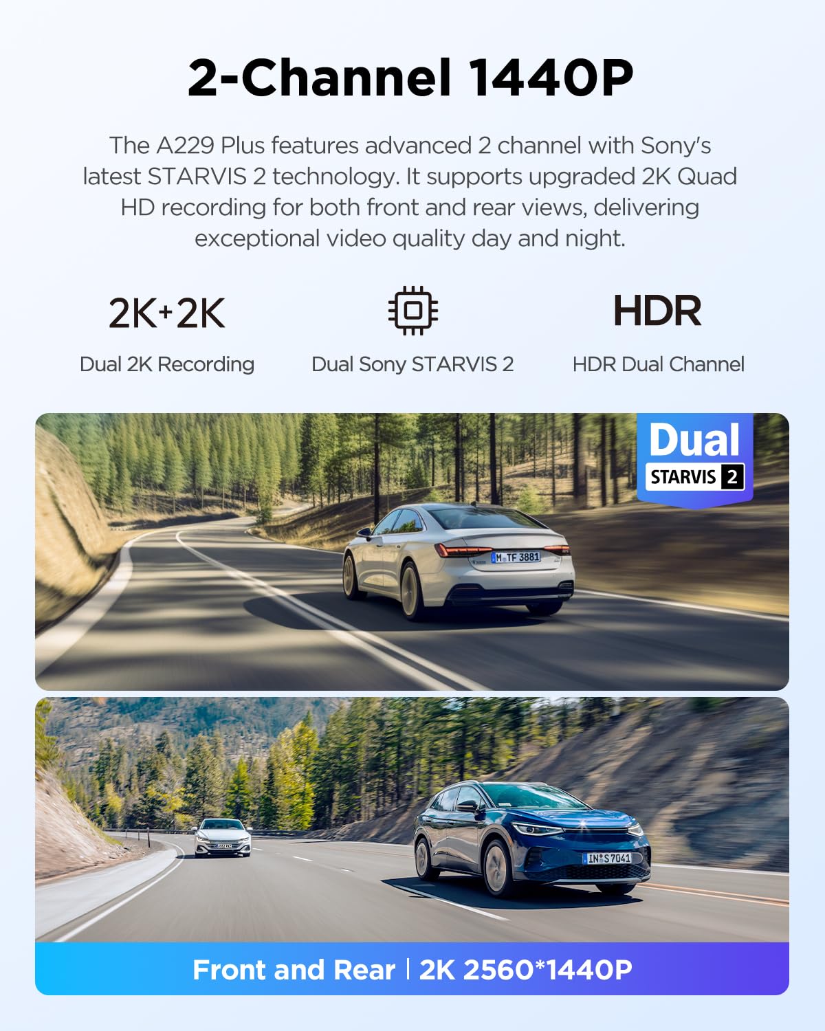 VIOFO A229 Plus 2K + 2K Dual STARVIS 2, HDR Front Rear Dash Cam Car, Voice Control & 5GHz Wi-Fi Car Camera, Ultra-Precise GPS, Super Night Vision 2.0, 2.4" Large LCD, Voice Notification, 512 GB Max