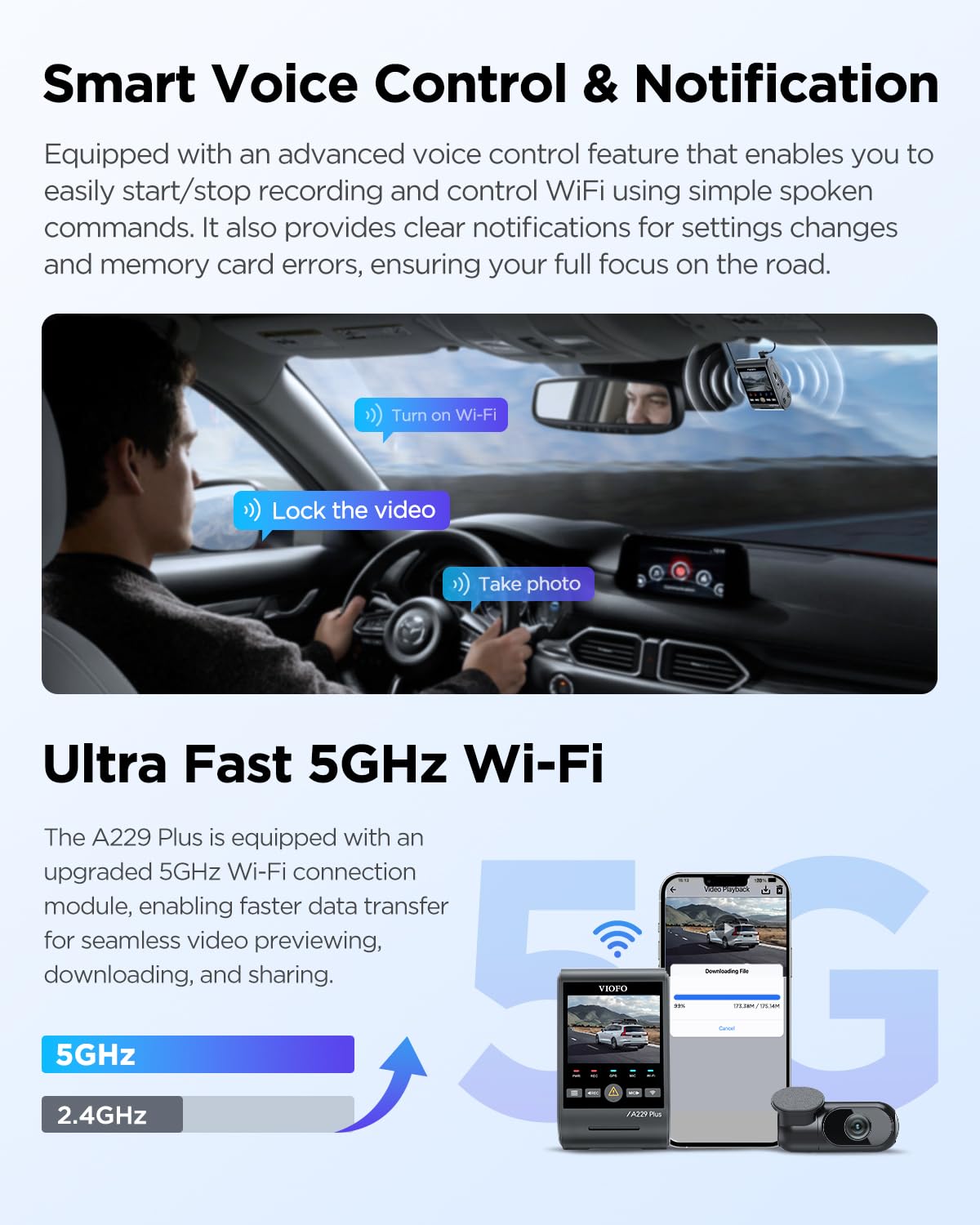 VIOFO A229 Plus 2K + 2K Dual STARVIS 2, HDR Front Rear Dash Cam Car, Voice Control & 5GHz Wi-Fi Car Camera, Ultra-Precise GPS, Super Night Vision 2.0, 2.4" Large LCD, Voice Notification, 512 GB Max