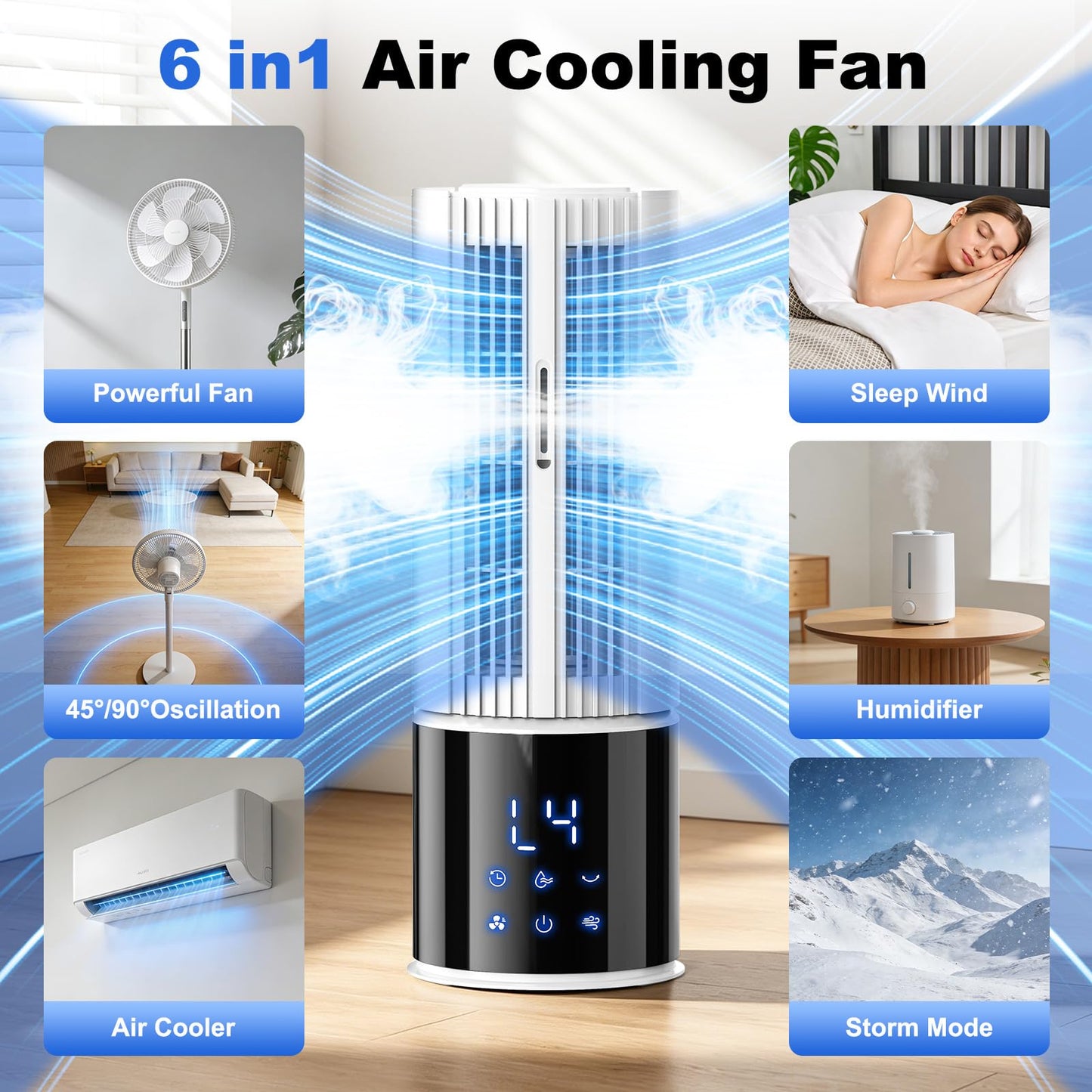 Portable Air Conditioner Air Cooler 6-in-1 Portable Tower Fan,3 Speeds, Storm Mode Cool Mist,Remote Control,Automatic Oscillation,8H Timer LED Display with Ice Packs for Home & Office Use（lvory）