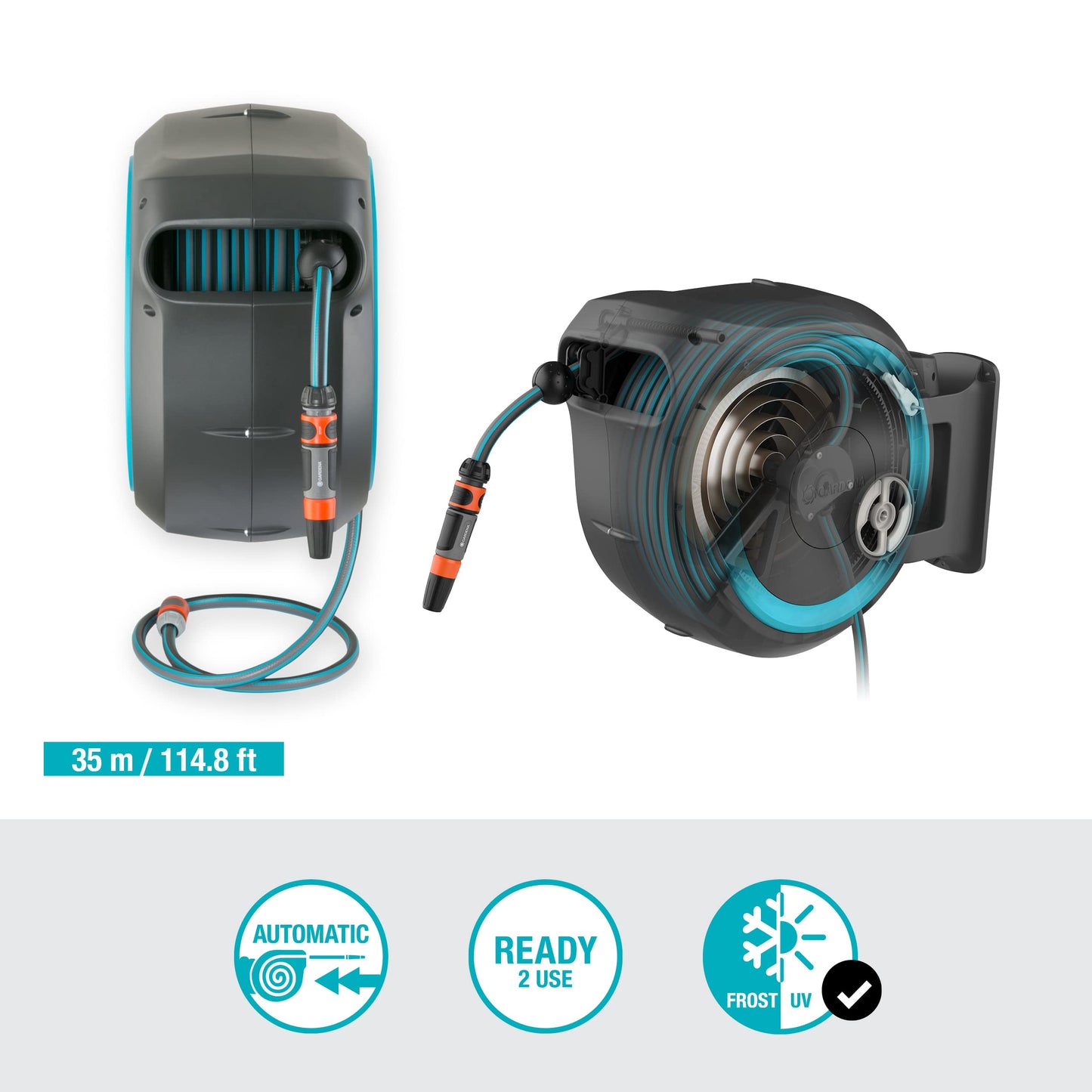 Gardena Wall-Mounted Hose Box Rollup XL (Turquoise) 35 m: Versatile Watering System for Large Gardens, Swivel Hose Box, Including 35 m Gardena Hose and mounting kit (18630-20)