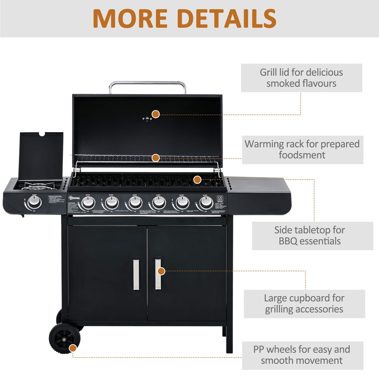 Outsunny 6+1 Burner Gas BBQ Grill, Outdoor Barbecue Trolley with Wheels, Warming Rack, Side Shelves, Cabinet, Thermometer for Garden, Party, Camping, 135 x 51.5 x 100cm, Black