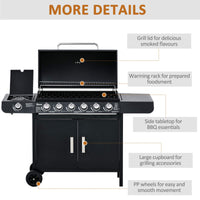 Outsunny 6+1 Burner Gas BBQ Grill, Outdoor Barbecue Trolley with Wheels, Warming Rack, Side Shelves, Cabinet, Thermometer for Garden, Party, Camping, 135 x 51.5 x 100cm, Black
