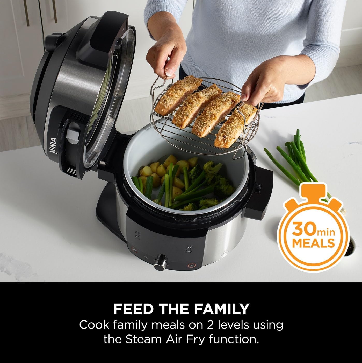Ninja Foodi 11-in-1 SmartLid Multi-Cooker, 6L, Electric Pressure Cooker & Air Fryer, Layer Mains & Sides with Reversible Rack, Cooks 4 Portions, Dishwasher Safe Parts, Stainless Steel/Black OL550UK