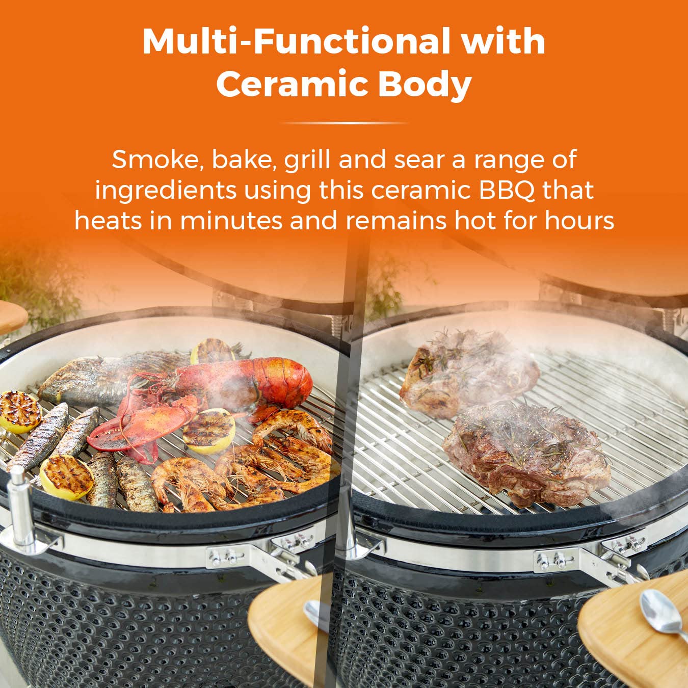 Tower Kamado XL Ceramic Charcoal BBQ with Collapsible Wooden Shelves, Built-in Thermometer and Waterproof Cover, Black, T978532