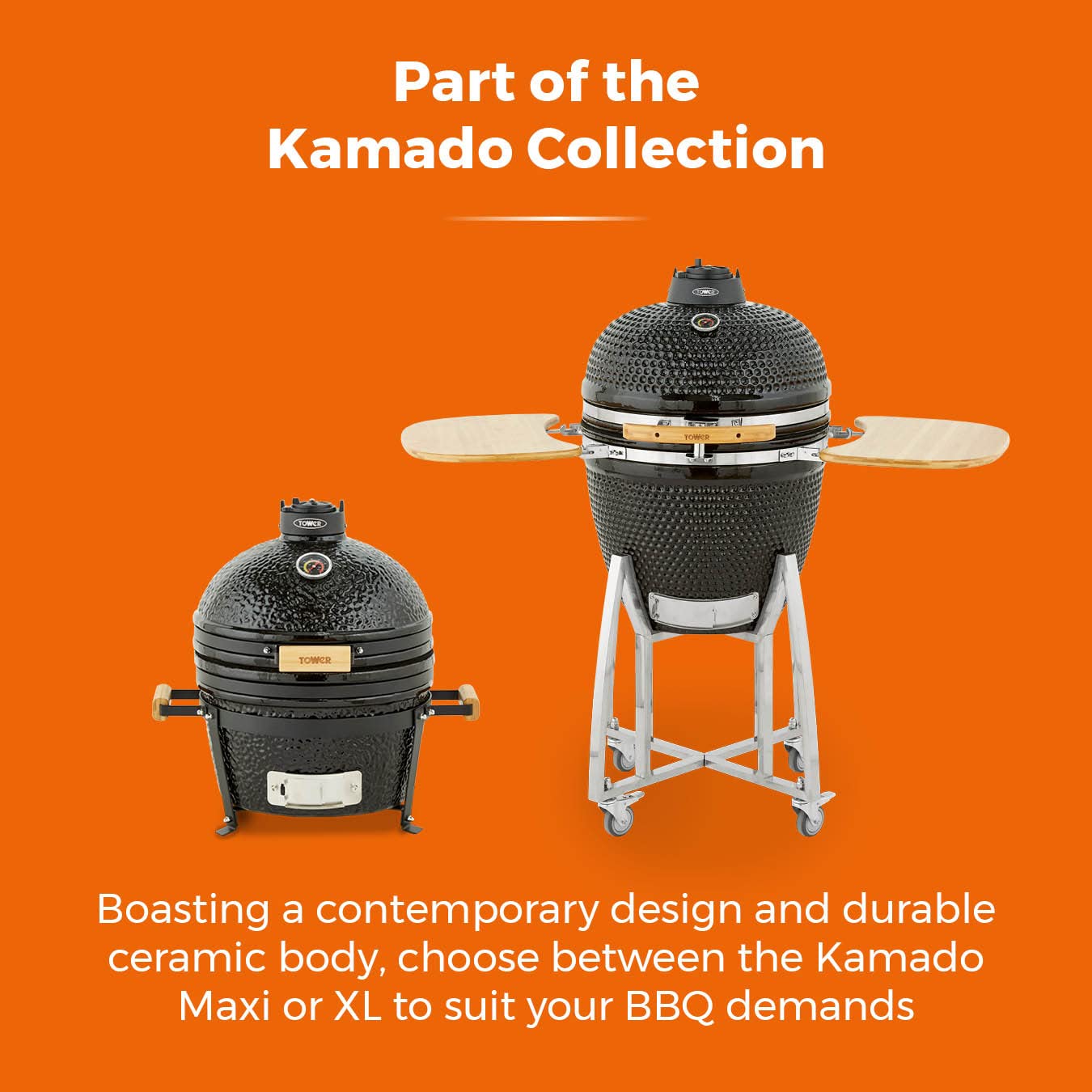 Tower Kamado XL Ceramic Charcoal BBQ with Collapsible Wooden Shelves, Built-in Thermometer and Waterproof Cover, Black, T978532