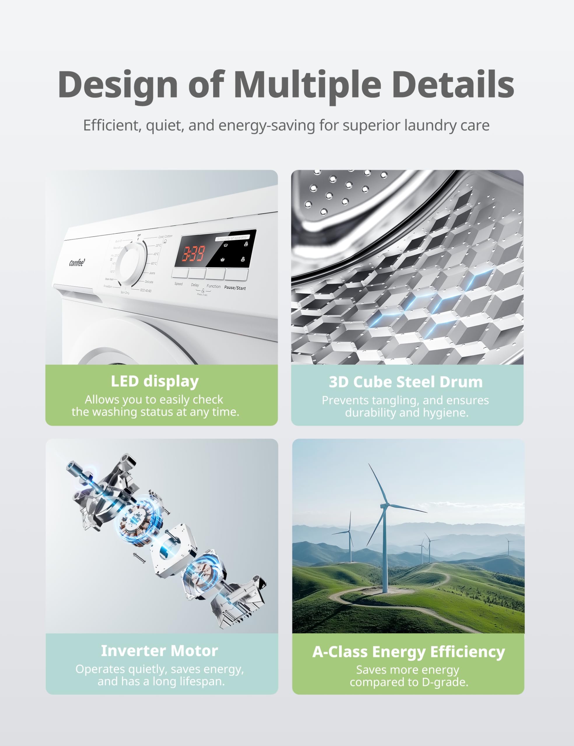 COMFEE' Freestanding Washing Machine,9KG Load,1400RPM,Steam Wash,Slim Design,Quick Wash,BLDC Durable Inverter Motor,White-CFE12EW90/W