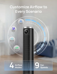 DREO Smart 40"-45" Tower Fan for Bedroom, Adjustable Height, 28 ft/s Velocity, DC Motor, 9 Speeds, 4 Modes, 90°Oscillating, Standing Fan, 20dB Quiet, 12H Timer for Home, Office, Google/Alexa, Black