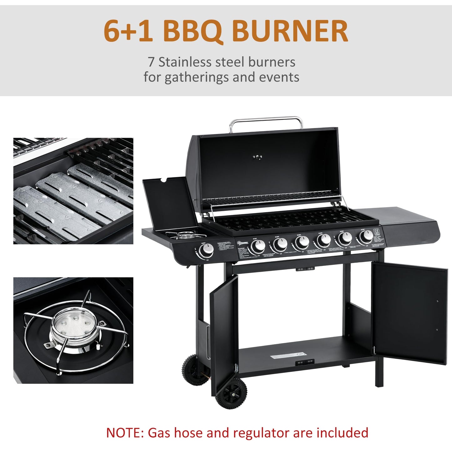 Outsunny 6+1 Burner Gas BBQ Grill, Outdoor Barbecue Trolley with Wheels, Warming Rack, Side Shelves, Cabinet, Thermometer for Garden, Party, Camping, 135 x 51.5 x 100cm, Black