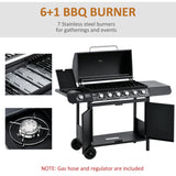 Outsunny 6+1 Burner Gas BBQ Grill, Outdoor Barbecue Trolley with Wheels, Warming Rack, Side Shelves, Cabinet, Thermometer for Garden, Party, Camping, 135 x 51.5 x 100cm, Black
