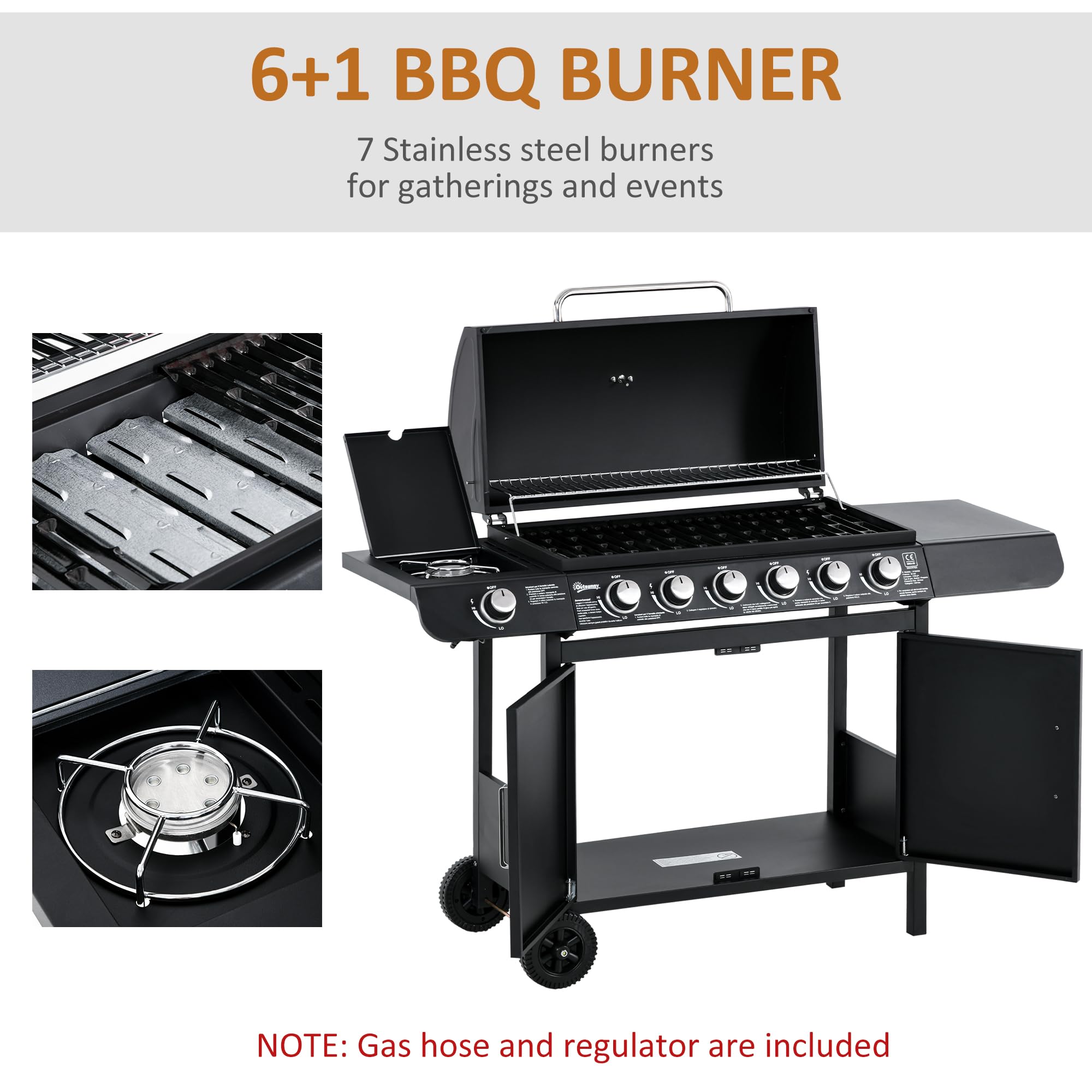 Outsunny 6+1 Burner Gas BBQ Grill, Outdoor Barbecue Trolley with Wheels, Warming Rack, Side Shelves, Cabinet, Thermometer for Garden, Party, Camping, 135 x 51.5 x 100cm, Black