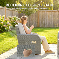 Outsunny 7 Seater Rattan Garden Furniture Set, 2 Reclining Chairs, 3 Seater Sofa, Coffee Table, Footstools, Space-Saving 6 Piece Outdoor Patio Furniture Conversation Set with Cushions, Light Grey