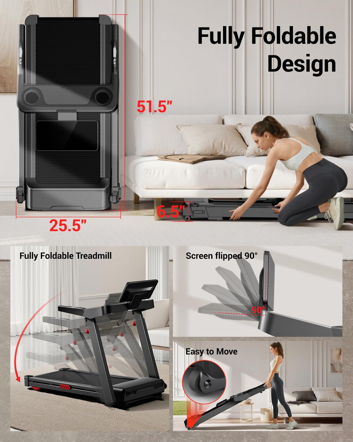 Treadmills for Home with 20% Auto Incline, 14KM/H Foldable Treadmill with Handles, Running Machine for Heavy People, 180KG Weight Capacity, Large Running Belt and Intelligent LED Touch Screen