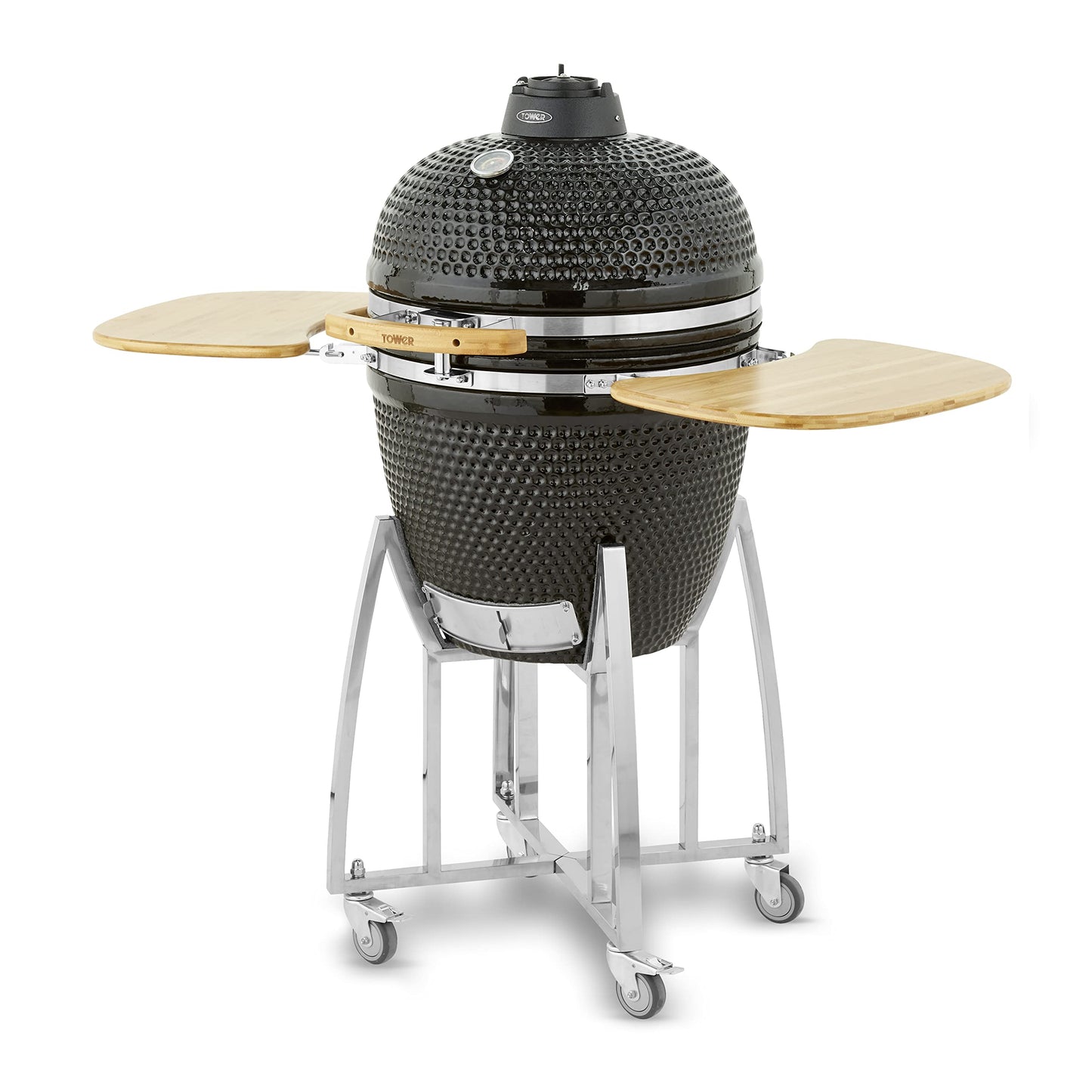 Tower Kamado XL Ceramic Charcoal BBQ with Collapsible Wooden Shelves, Built-in Thermometer and Waterproof Cover, Black, T978532