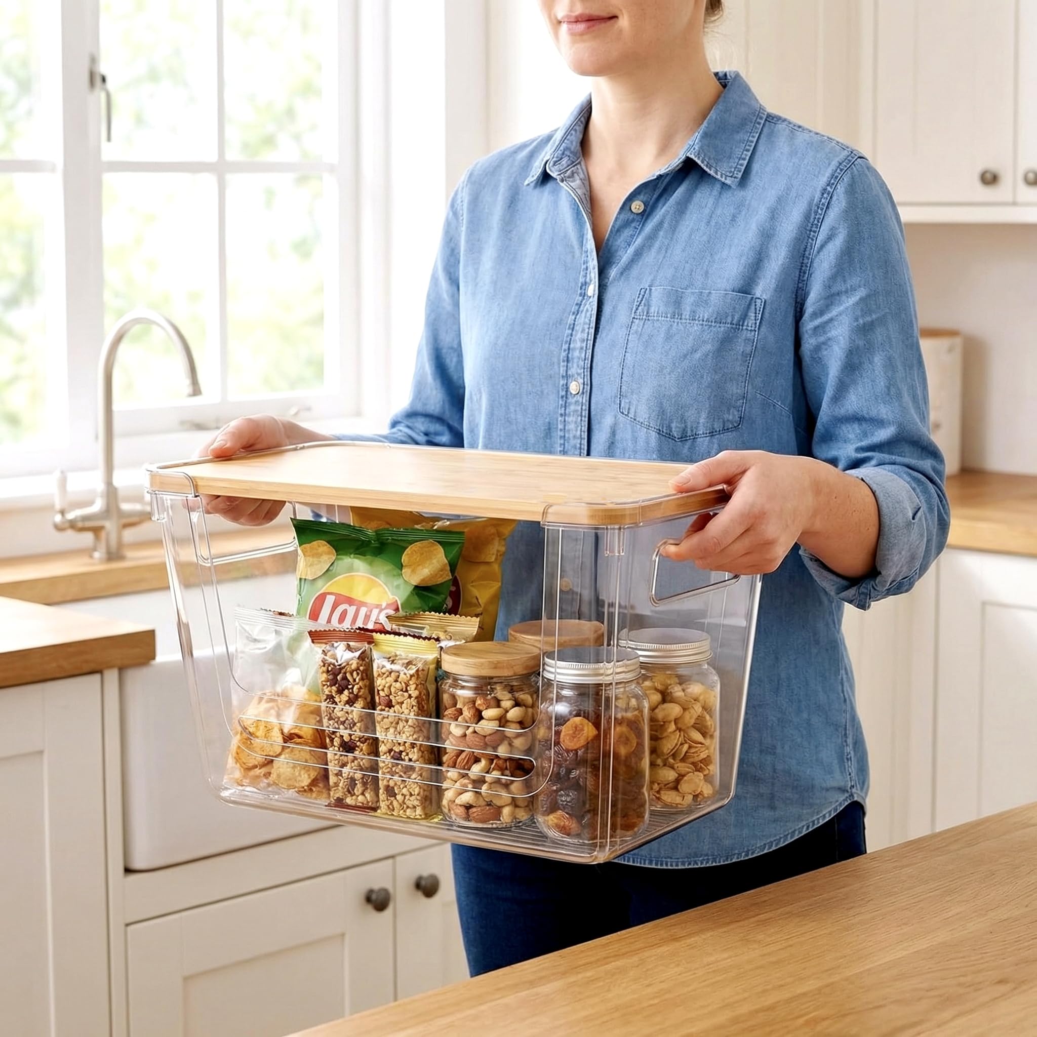 petisal Trash Bag Dispenser ，Extra Large Trash Bag Holder Dispensers With Bamboo Lid，Multi-functional Pantry Organizers and Storage For Kitchen, Cabinet, Laundry Room, Pantry (Clear, XL-2PACK)