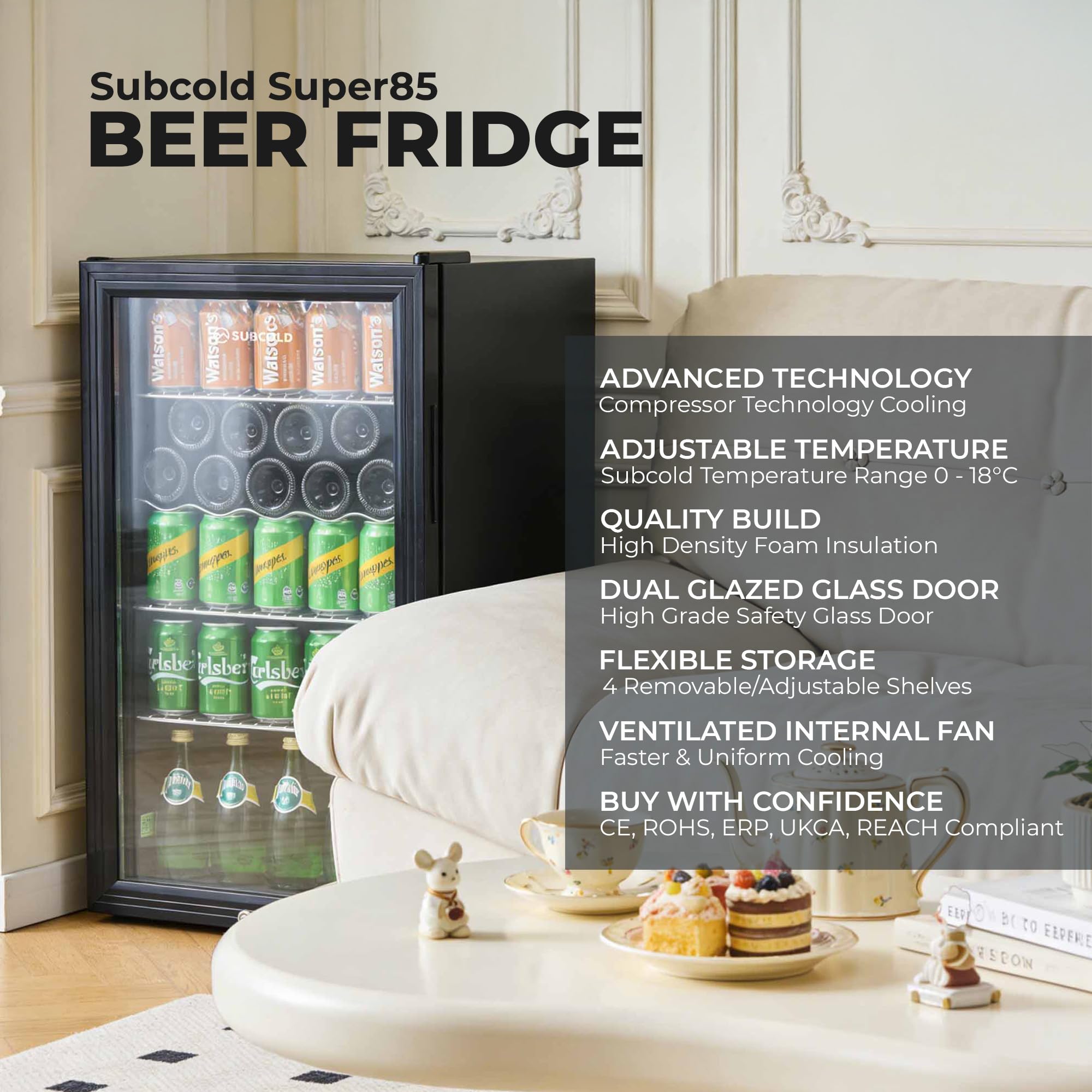 Subcold Super85 LED - Under-Counter Fridge | 85L Beer, Wine & Drinks Fridge | LED Light + Lock and Key | Energy Efficient (Black, 85L)…