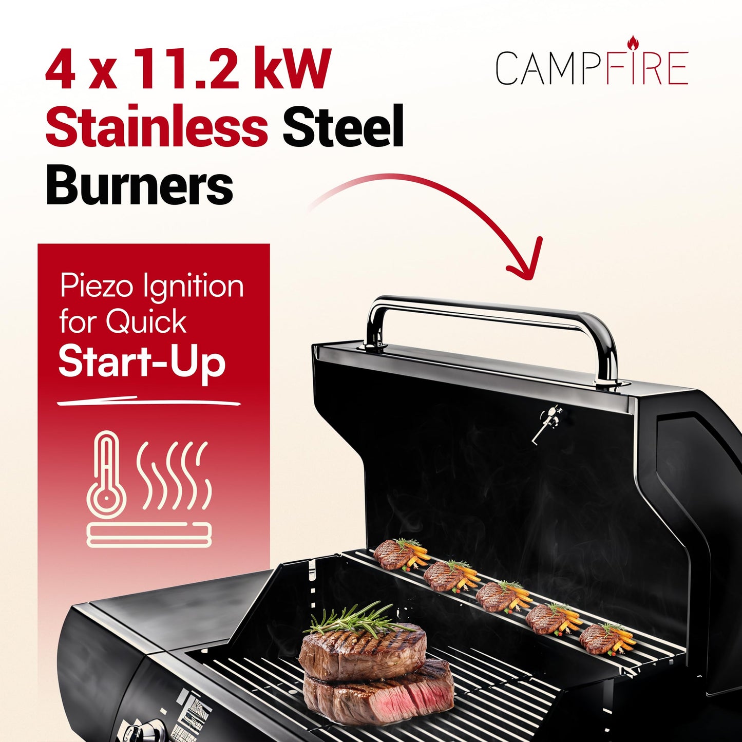 Campfire Original Barbecue BBQ 5 Gas Burner 4+1 Garden Grill, Steel Warming Rack, Side-Burner, Storage & Built-in Temperature Gauge for Home Garden Party Outdoor Cooking