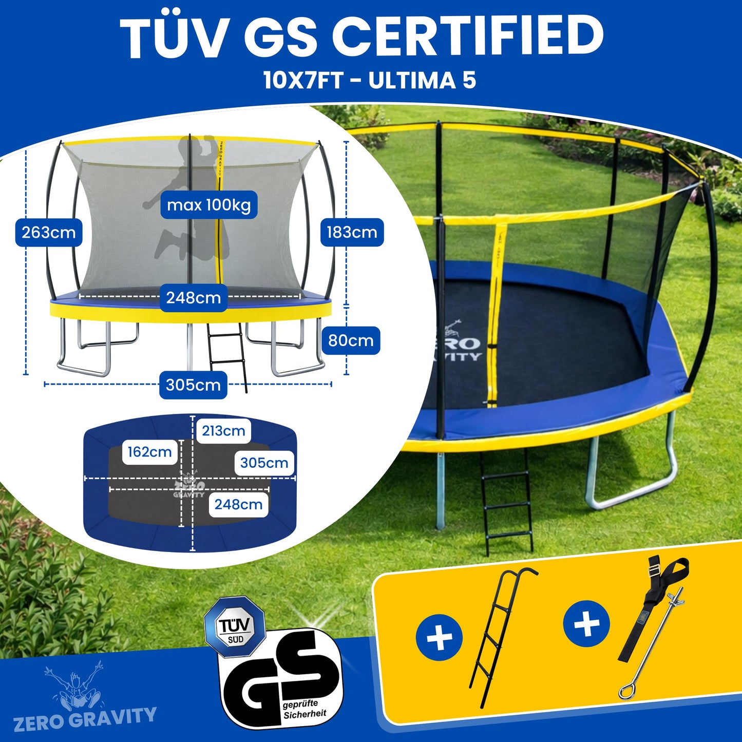 ZERO GRAVITY Ultima 5 Rectangular Barrel Trampoline in 3 Sizes. High Specification with Safety Enclosure Netting and Ladder (10ft x 7ft Barrel)