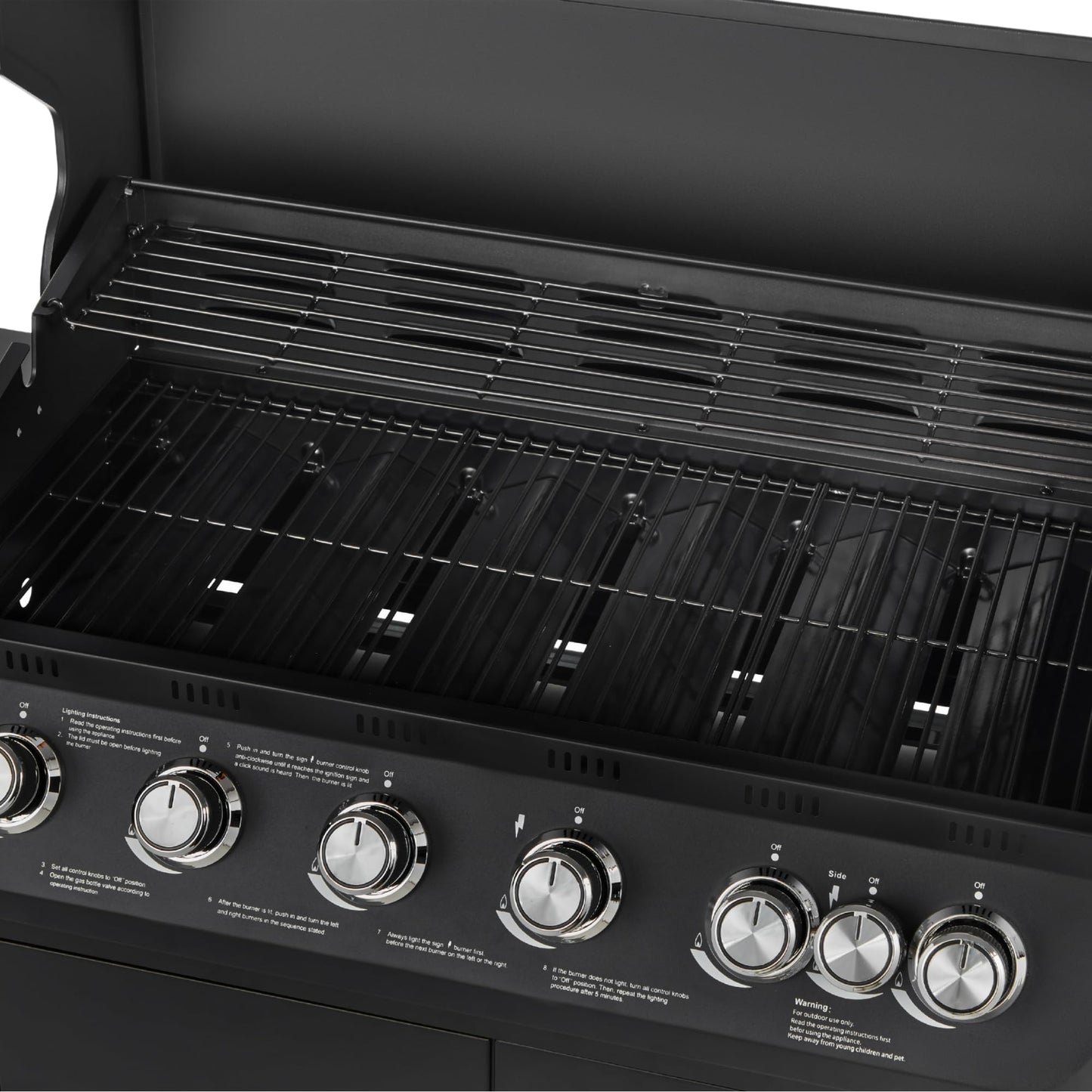 CosmoGrill NEW Emberr 7 Gas Burner 6+1 Barbecue Grill, Porcelain Warming Rack, Propane Gas Regulator Hose, Side-Burner, Storage, Wheels Built-in Temperature Gauge for Home Garden Party Outdoor Cooking