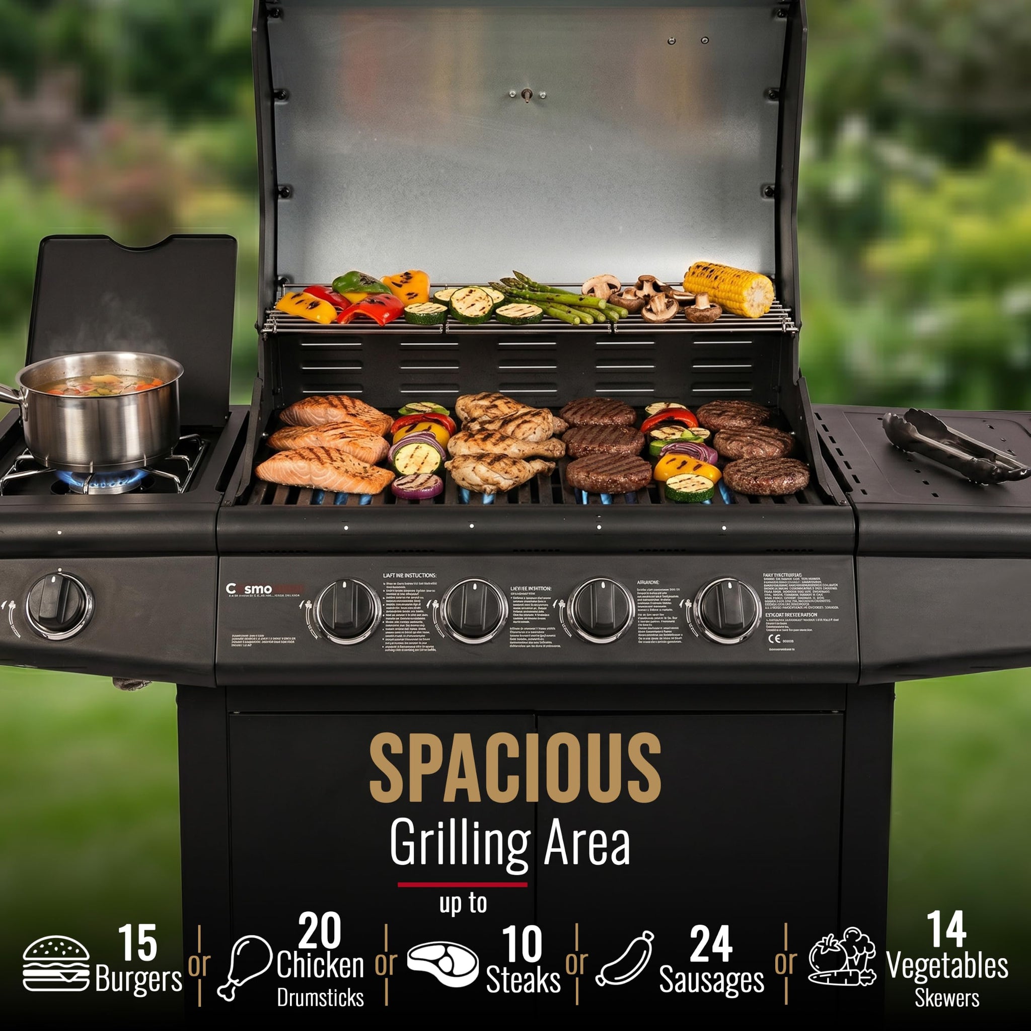 CosmoGrill Pro Deluxe 5 Gas Burner 4+1 Barbecue Grill, Steel Warming Rack, Side-Burner, Built-in Temperature Gauge for Home Garden Party Outdoor Cooking (93411)