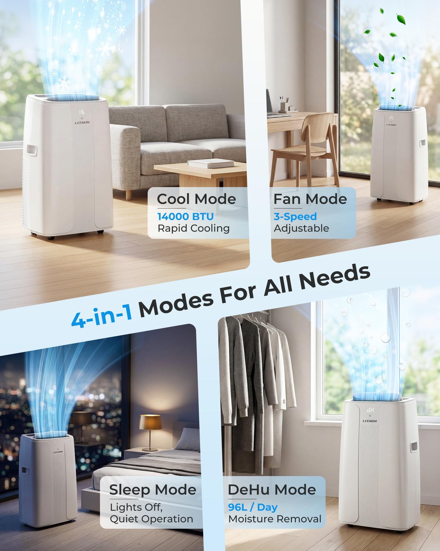 LEENON 14000 BTU Air Conditioning Unit, Portable Air Conditioner, Powerful 4-in-1 AC Unit Dehumidifier Fan & Sleep Mode, Aircon Unit with 24H Timer,Auto-Swing, Remote Control, Exhaust Hose