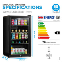 Subcold Super85 LED - Under-Counter Fridge | 85L Beer, Wine & Drinks Fridge | LED Light + Lock and Key | Energy Efficient (Black, 85L)…