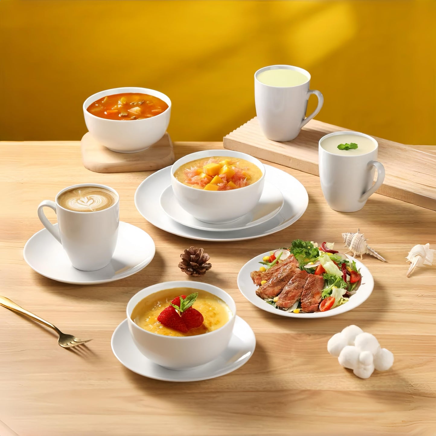 12PC Dinnerware Porcelain White Set: 4 Dinner Plates, 4 Side Plates & 4 Bowls. Dishwasher & Microwave Safe.