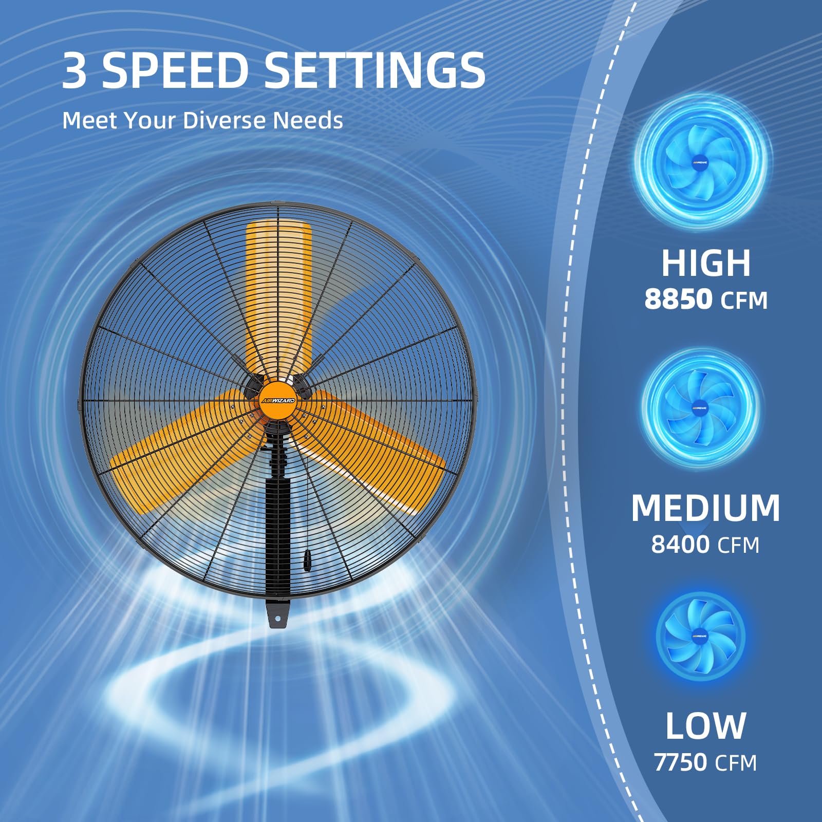 AIRWIZARD 30 inch Oscillating High Velocity Wall Mount Fan, 8550 CFM Industrial Heavy Duty Metal Wall Fans, 3 Speeds, Adjustable Height and Tilt, Commercial Shop Fan for Garage, Workshop