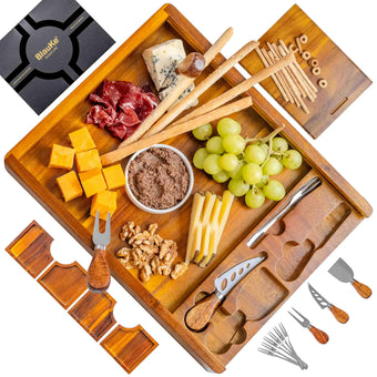 compare product Wooden Cheese Board and Knife Set - Wooden Serving Board/Tray Made of Acacia, an Upgrade from Bamboo Charcuterie Boards - Includes Serving Platters and Cheese Knives - Any Occasion Gift Set - BlauKe®
