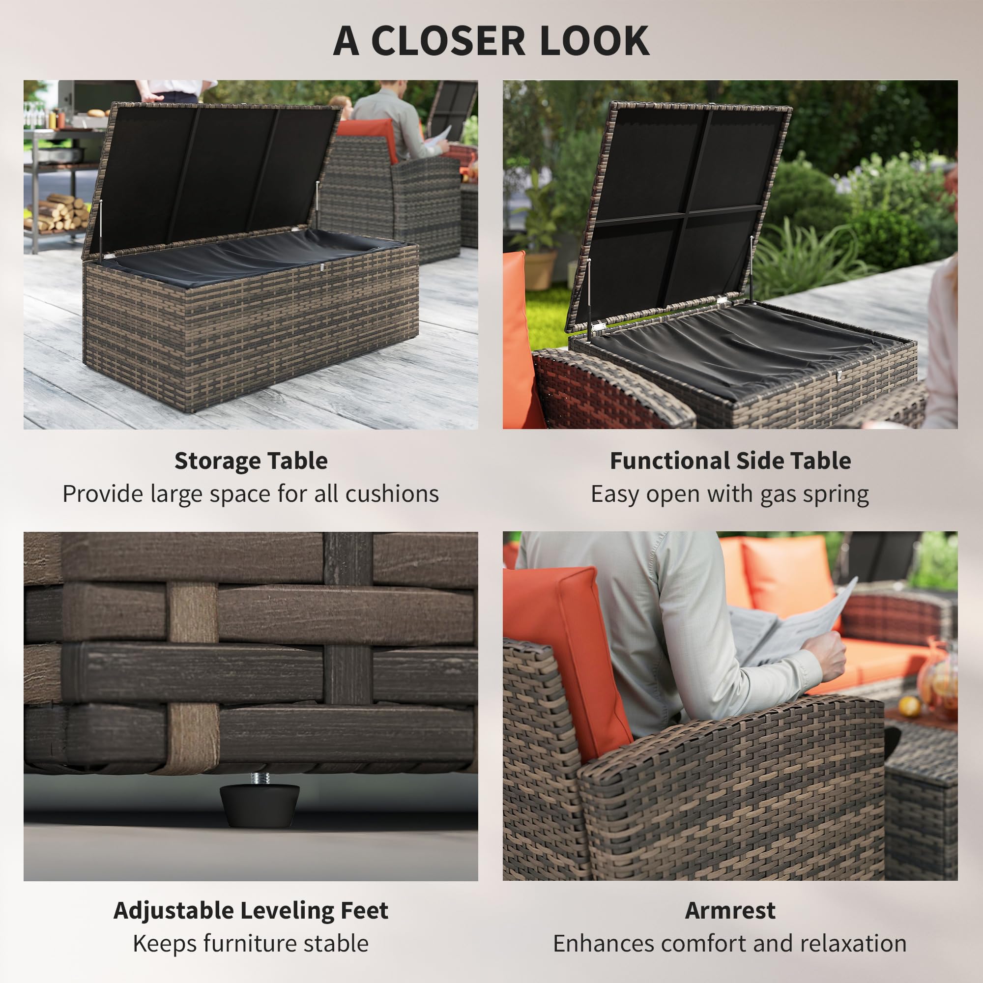 Outsunny 6 Pieces Rattan Garden Furniture Set Wicker Outdoor Sofa Sectional Patio Conversation Furniture Set w/Storage Table and Cushions, Orange