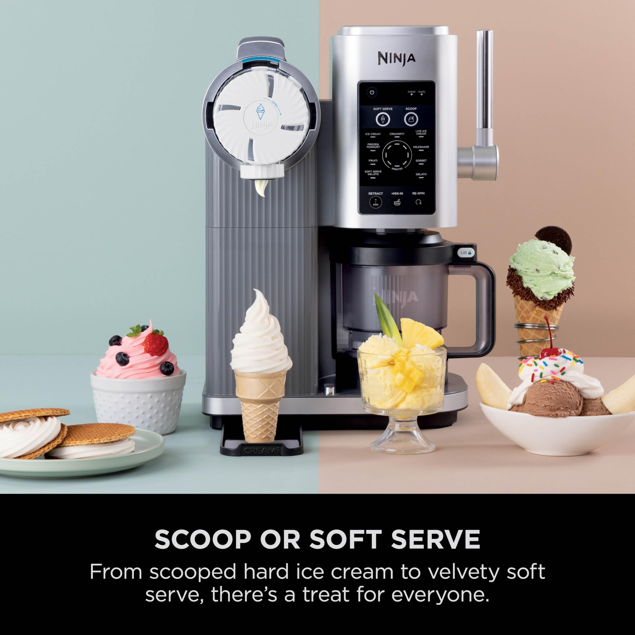 Ninja CREAMi Scoop and Swirl Soft Serve and Ice Cream Maker with 2x Tubs, 13 Functions, Makes Ice Cream, Soft Serve, Gelato, Sorbet, Milkshakes and More, Mix-In Option, Platinum Silver, NC701UK