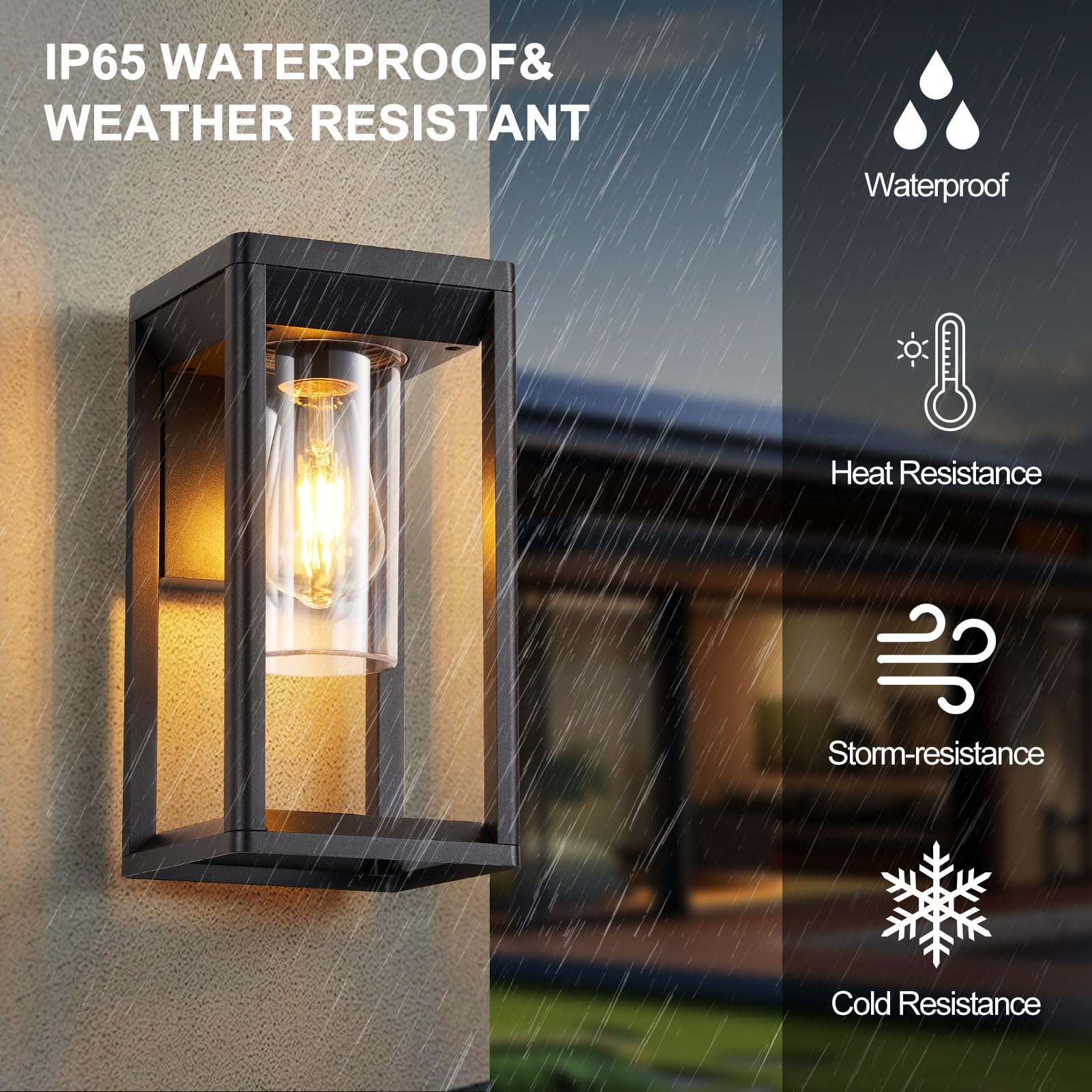HARPER LIVING Outdoor Wall Lights Lantern Mains Powered, IP65 Weatherproof Black Aluminum, E27 Socket Outside Wall Lamp with Clear Shade, Security Lights for Porch Front Door Garden Patio, Rectangle