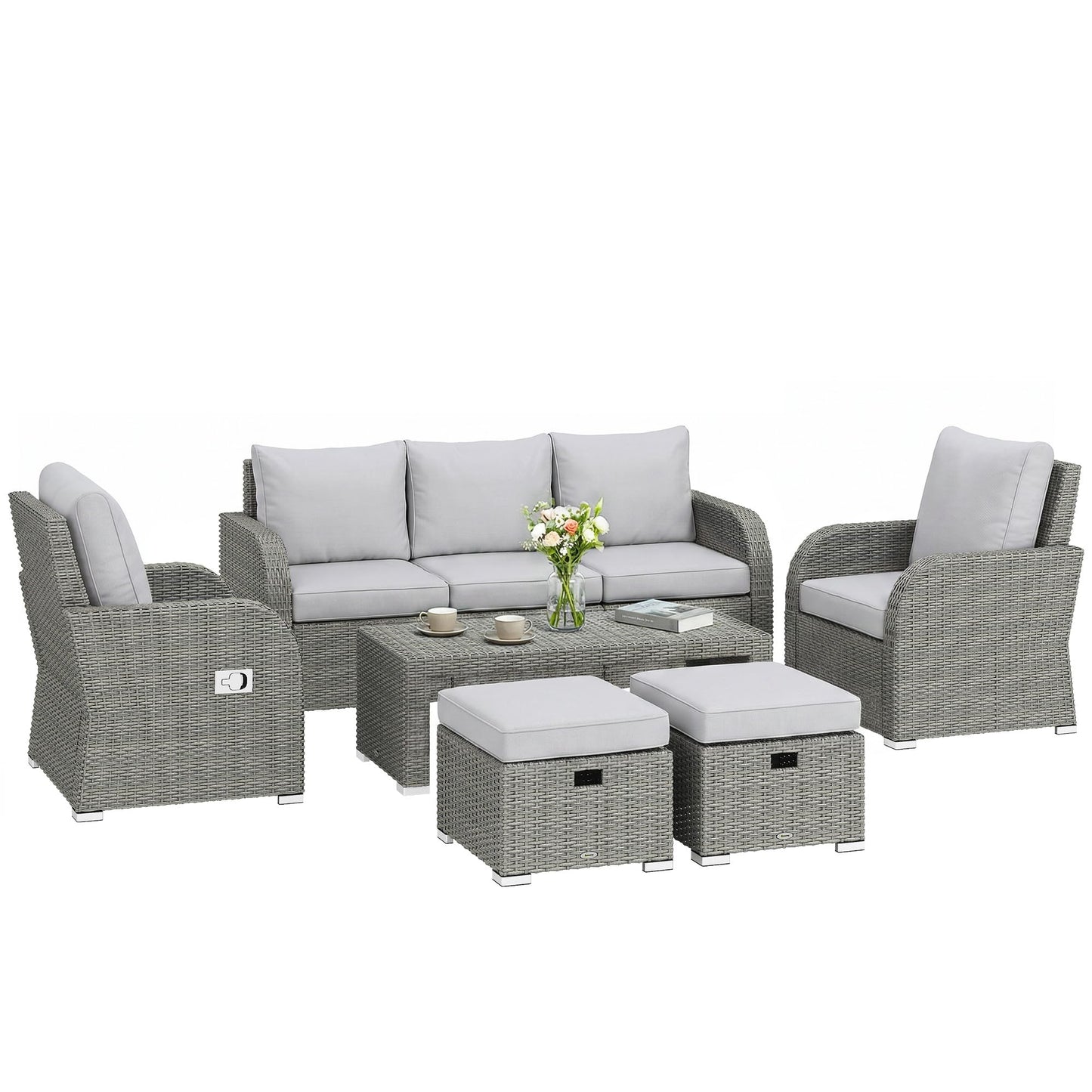 Outsunny 7 Seater Rattan Garden Furniture Set, 2 Reclining Chairs, 3 Seater Sofa, Coffee Table, Footstools, Space-Saving 6 Piece Outdoor Patio Furniture Conversation Set with Cushions, Light Grey