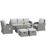 Outsunny 7 Seater Rattan Garden Furniture Set, 2 Reclining Chairs, 3 Seater Sofa, Coffee Table, Footstools, Space-Saving 6 Piece Outdoor Patio Furniture Conversation Set with Cushions, Light Grey