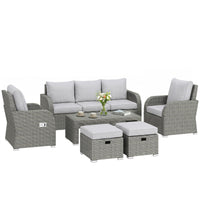 Outsunny 7 Seater Rattan Garden Furniture Set, 2 Reclining Chairs, 3 Seater Sofa, Coffee Table, Footstools, Space-Saving 6 Piece Outdoor Patio Furniture Conversation Set with Cushions, Light Grey