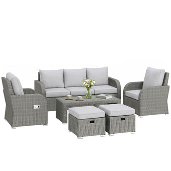 compare product Outsunny 7 Seater Rattan Garden Furniture Set, 2 Reclining Chairs, 3 Seater Sofa, Coffee Table, Footstools, Space-Saving 6 Piece Outdoor Patio Furniture Conversation Set with Cushions, Light Grey