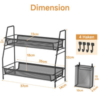VITVITI Spice Racks, 2 Tier Cupboard Shelf Organiser with 4 Hooks and Side Basket, Kitchen Essentials for Accessories Storge, Desktop Organizer for Kitchen, Dining Room, Office - Black