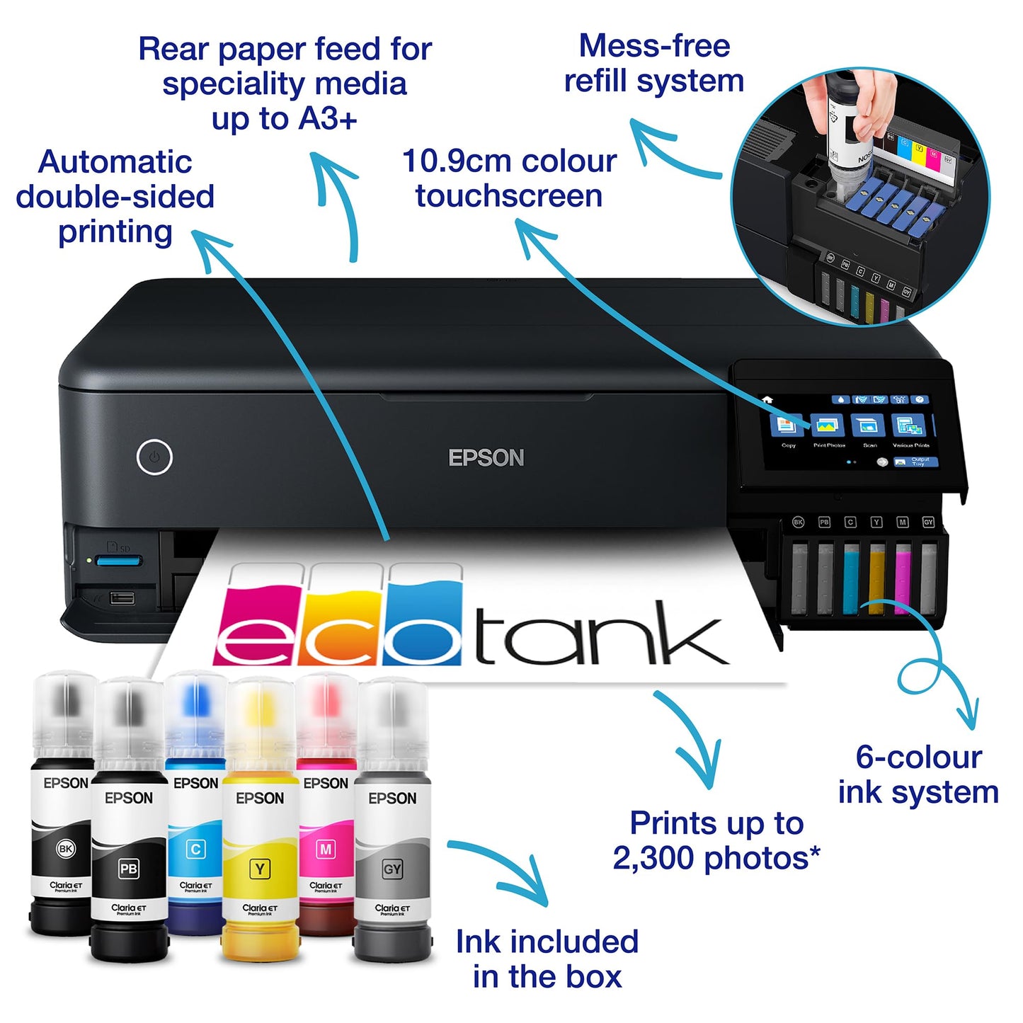 Epson EcoTank ET-8550 Ink Tank Printer | Photo Printing | 6-Colour Inks | Wireless | A3+ | Print, Copy, Scan | 10.9cm Touchscreen | Double-Sided Printing | Rear Paper Feed