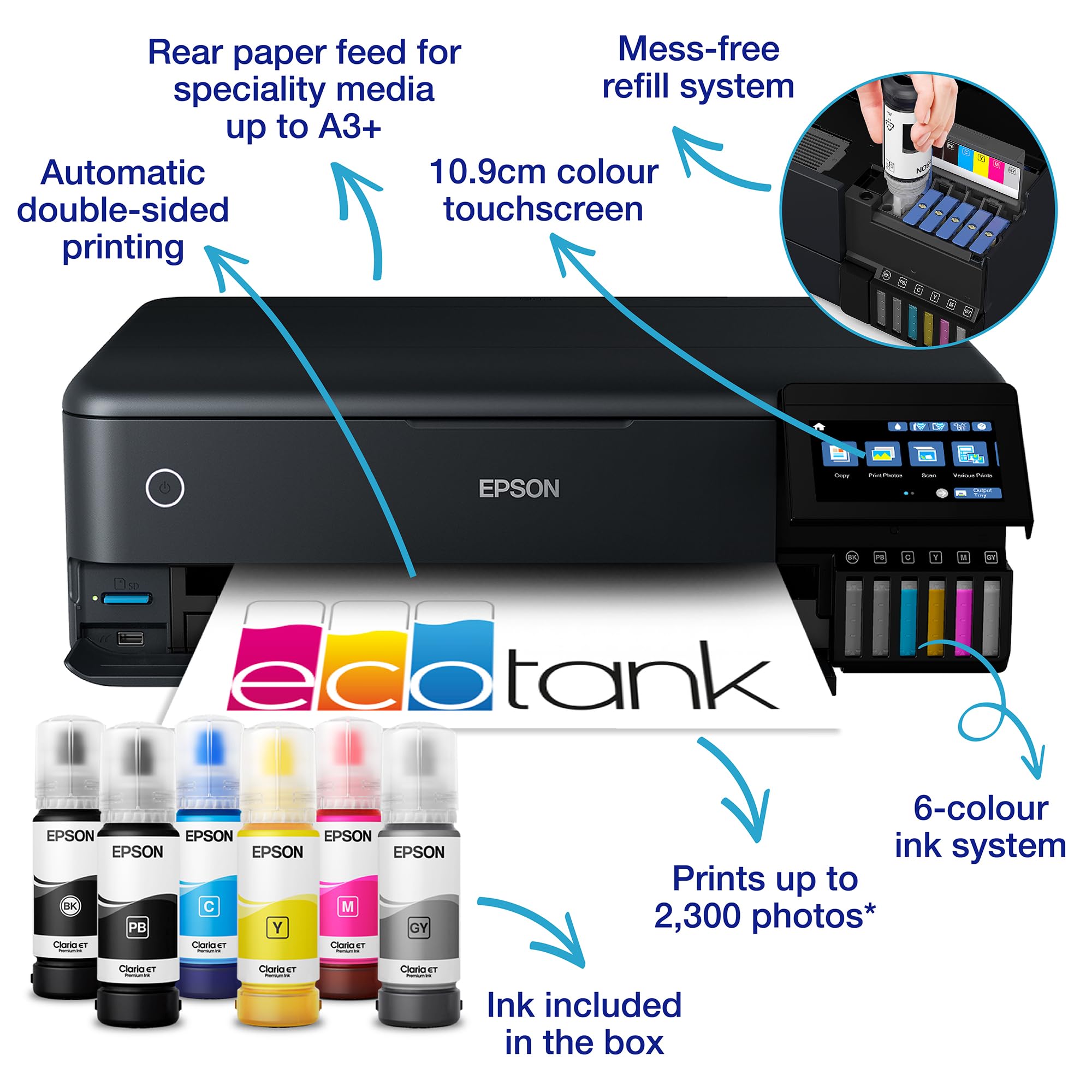 Epson EcoTank ET-8550 Ink Tank Printer | Photo Printing | 6-Colour Inks | Wireless | A3+ | Print, Copy, Scan | 10.9cm Touchscreen | Double-Sided Printing | Rear Paper Feed