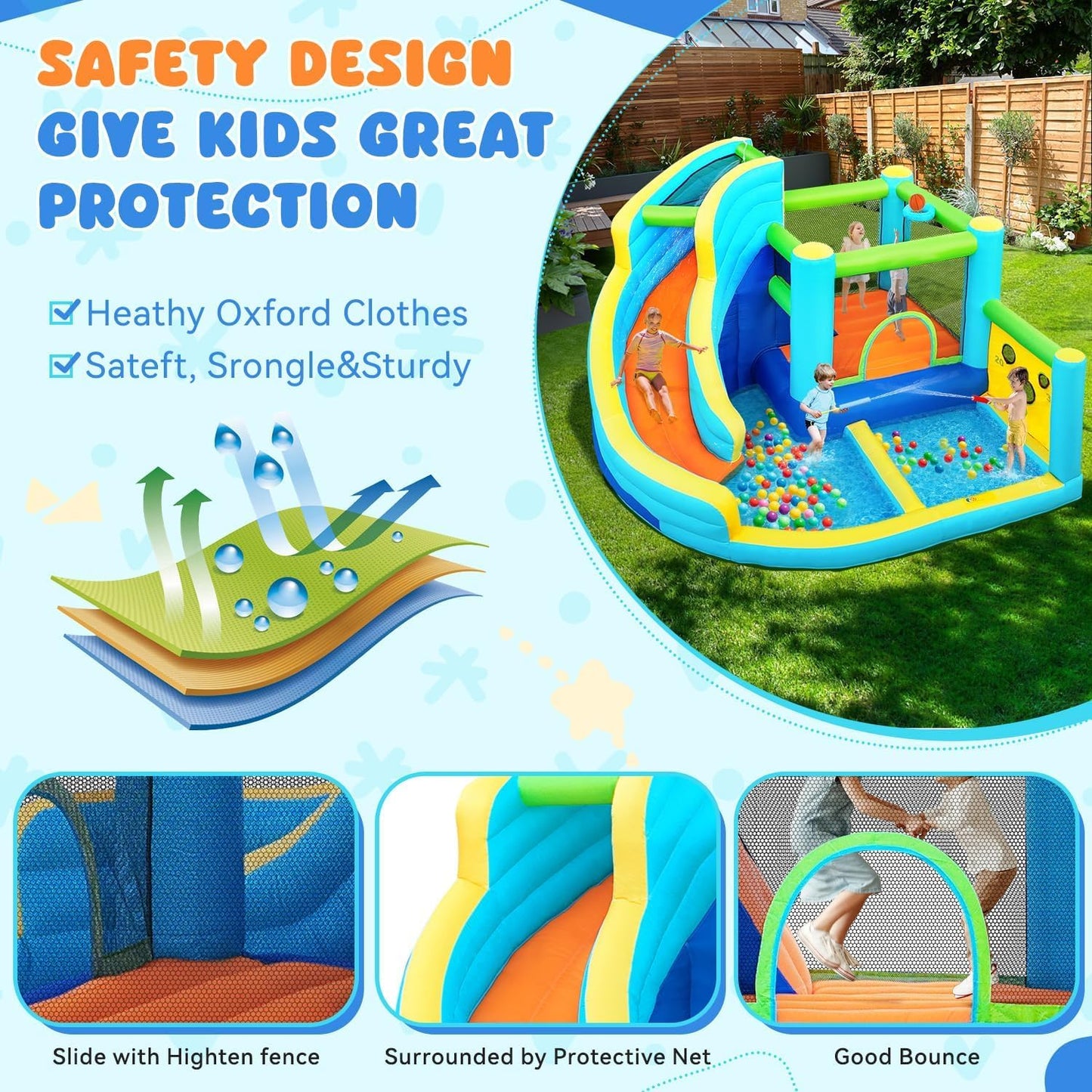 Inflatable Bouncy Castle Water Park with Slide Sprayer Trampoline Climbing Wall & Basketball Hoop, Includes Air Blower, Outdoor Indoor Bounce House for Kids Toddlers, Holds Up to 5 Children