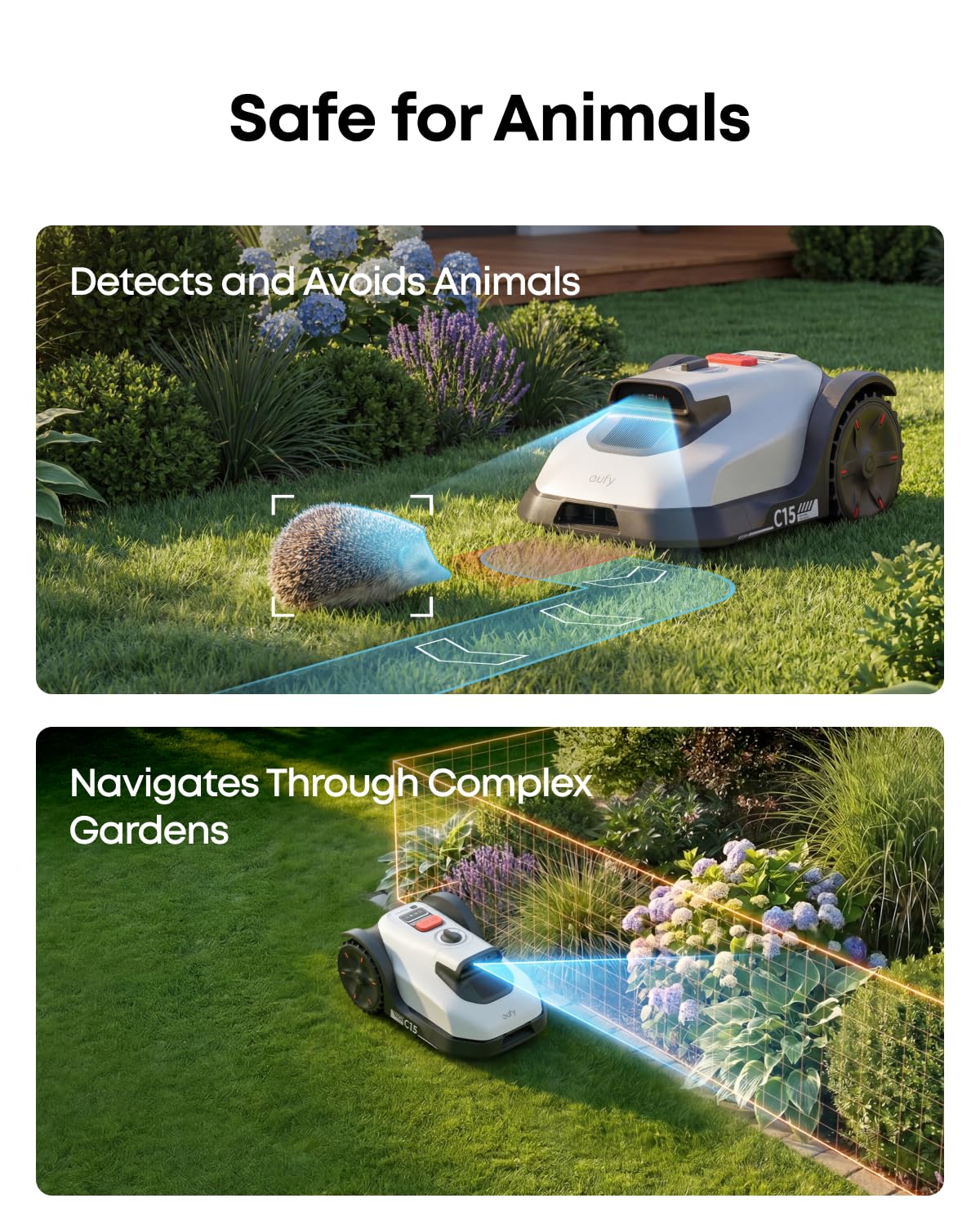 eufy New Robot LawnMower C15 without Boundary Cable with Garage, 500 m² Coverage, TrueVision, No RTK, No Signal Issue, Hands-Free Auto Mapping, Animal Safe, Smart Navigation, Ride on Edge Cutting