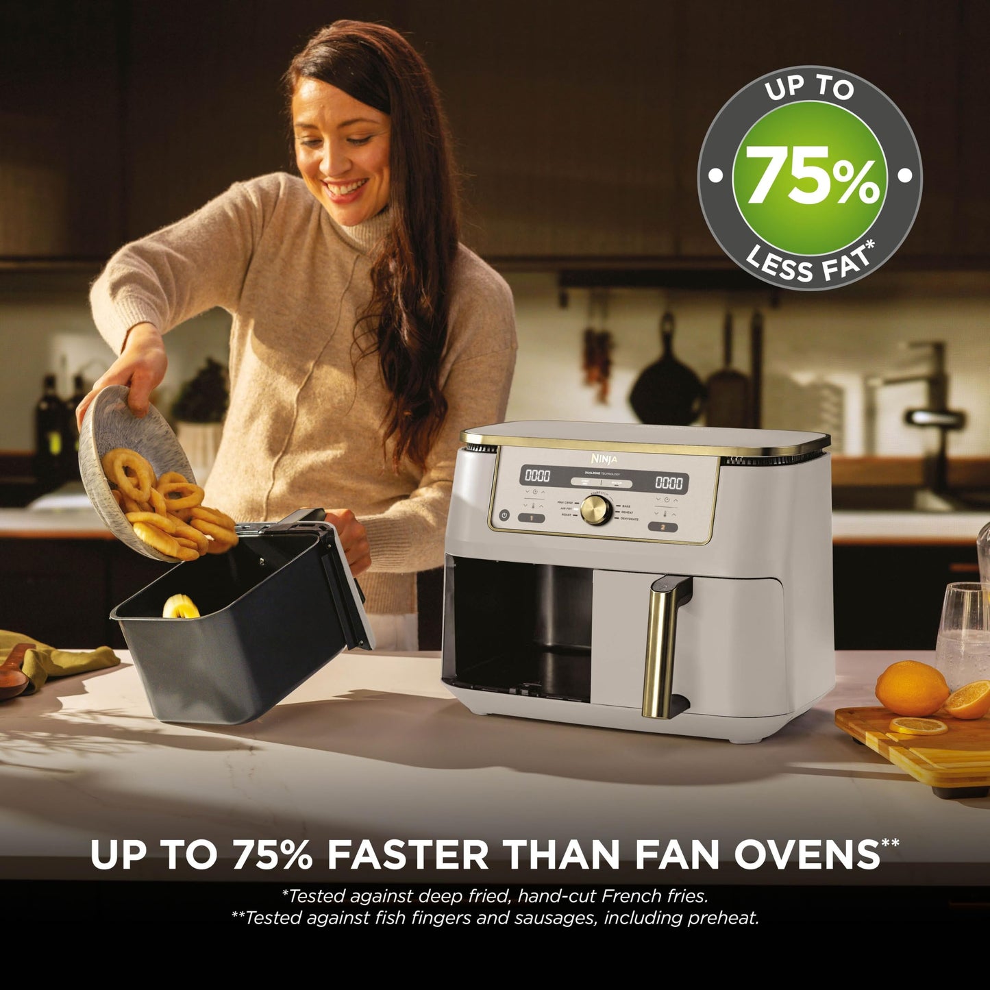 Ninja MAX Dual Zone Digital Air Fryer, 2 Drawers, 9.5L, 6-in-1, Uses No Oil, Air Fry, Max Crisp, Roast, Bake, Reheat, Dehydrate, Non-Stick, Dishwasher Safe Baskets, Stone Gold DZ400UKSTGD