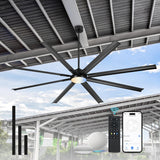 JAZAVA 96-Inch Industrial Ceiling Fan with Lights and Remote - Extra Large Indoor Fan with 8 Aluminium Blades,Smart Fan Works with Voice Control,Model:ZCCF04BK-96