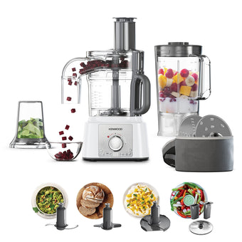 compare product Kenwood FDP65.860WH food processor with 9 attachments. Express Serve and Dice, 1.5L Jug blender and mini chopper, White