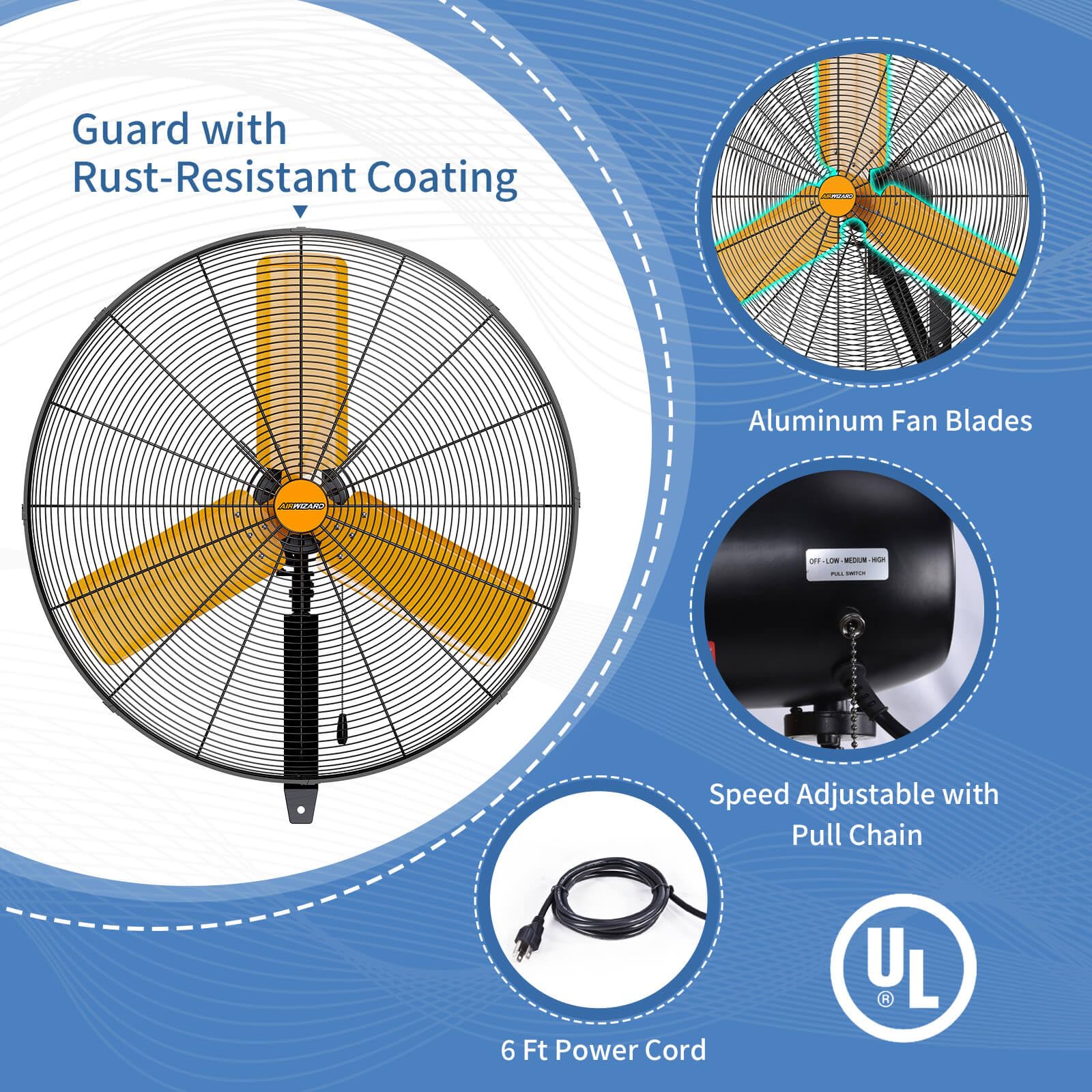 AIRWIZARD 30 inch Oscillating High Velocity Wall Mount Fan, 8550 CFM Industrial Heavy Duty Metal Wall Fans, 3 Speeds, Adjustable Height and Tilt, Commercial Shop Fan for Garage, Workshop