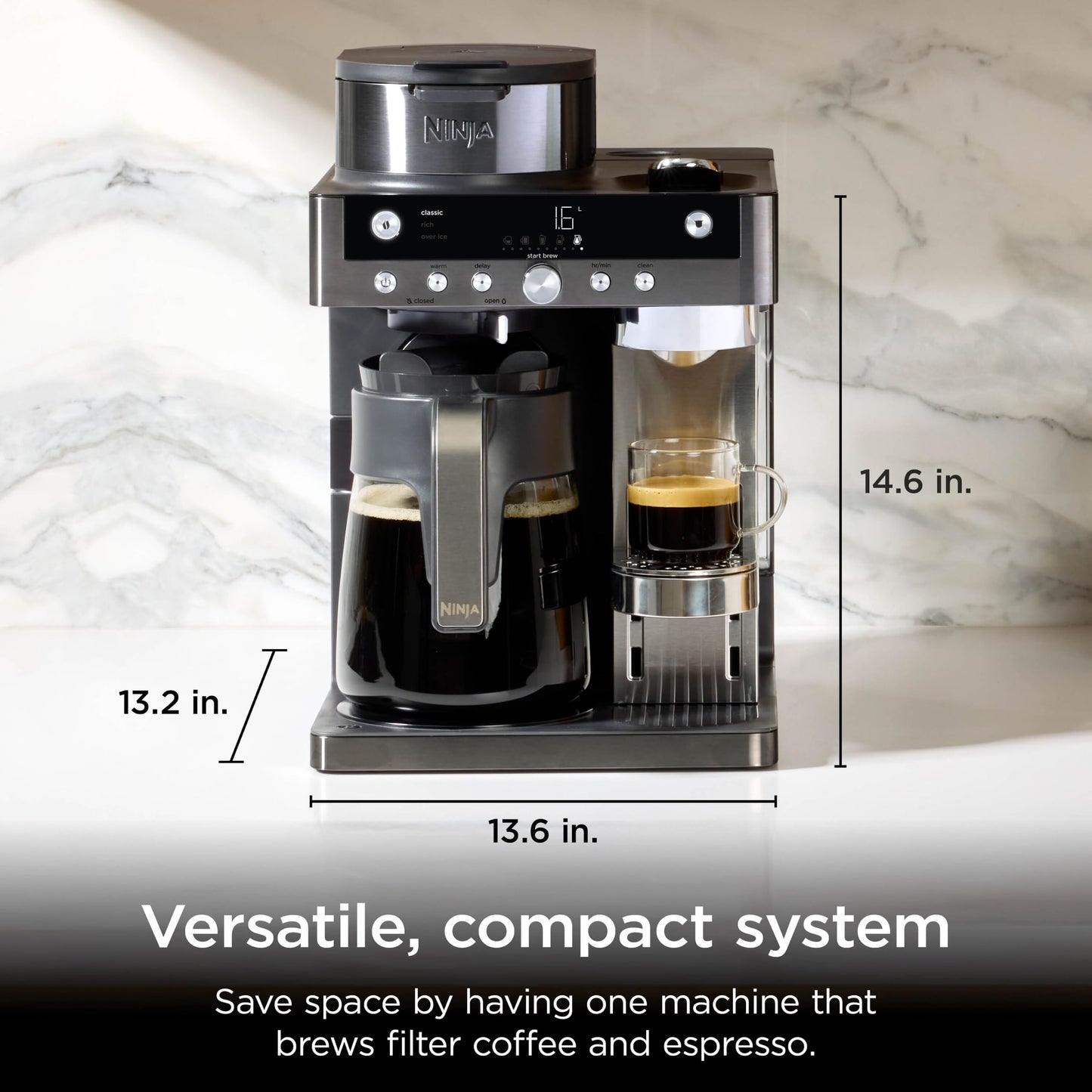Ninja Prestige 2-in-1 Filter Coffee and Pod Capsule Machine with Built-in Milk Frother, Make Lattes, Iced Coffee and Flat Whites, Gunmetal CFN802UKGM