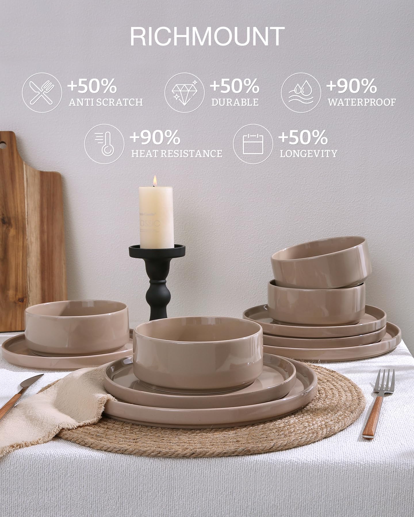Richmount Nebula Plates and Bowls Set, 12PC Speckled Stoneware Plate Set, Scratch Resistant Dinnerware Sets, Dishwasher & Microwave Safe, Dining Plates and Bowls Sets, Brown