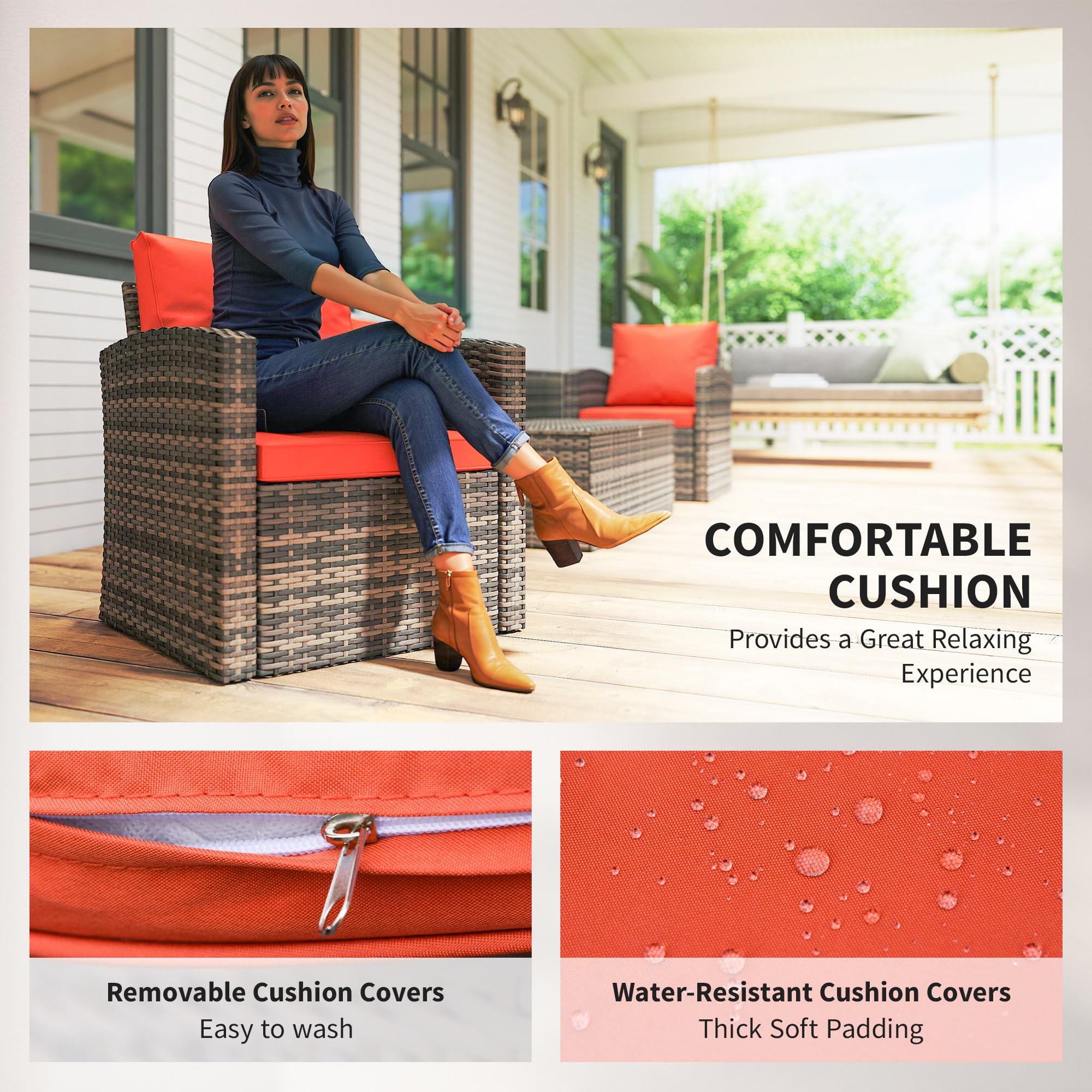 Outsunny 6 Pieces Rattan Garden Furniture Set Wicker Outdoor Sofa Sectional Patio Conversation Furniture Set w/Storage Table and Cushions, Orange