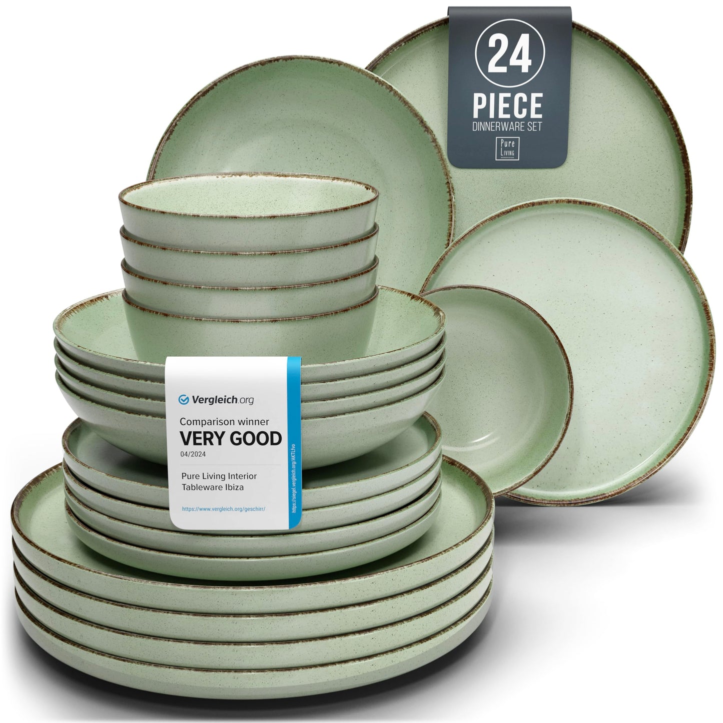 24 piece Dinner Sets for 6 People - Beautiful Country Style Stoneware Dinner Set for 6 - Dishwasher & Microwave Safe Plates and Bowls Set for 6 - Dinnerware Sets by Pure Living in Mint Green