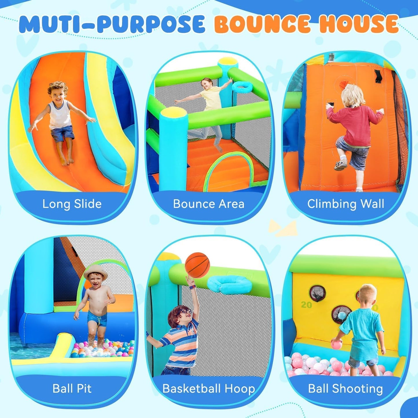 Inflatable Bouncy Castle Water Park with Slide Sprayer Trampoline Climbing Wall & Basketball Hoop, Includes Air Blower, Outdoor Indoor Bounce House for Kids Toddlers, Holds Up to 5 Children