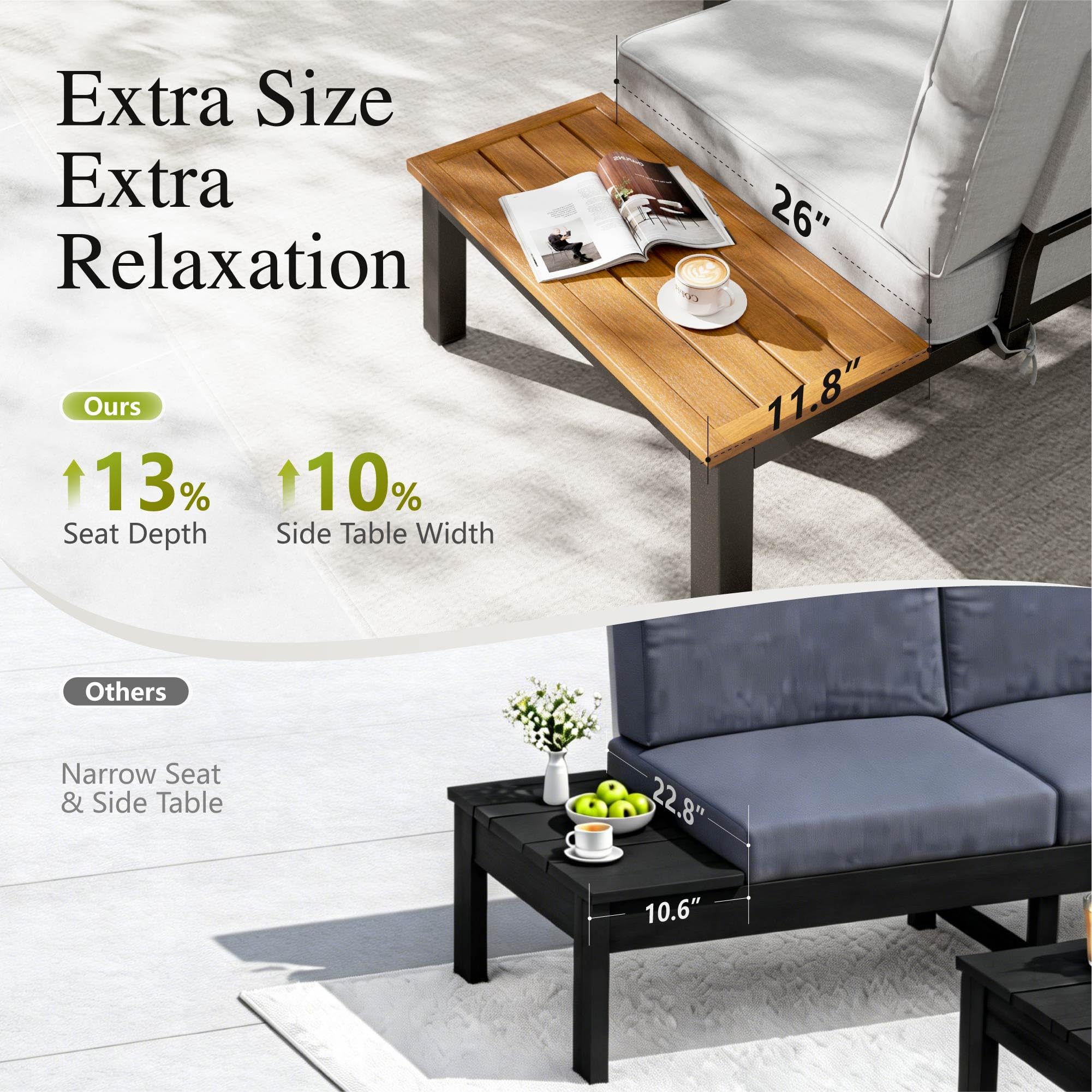 PHI VILLA 6 Seater Metal Garden Furniture Sets, L Shaped Modular Outdoor Corner Sofa Set All Weather for Patio with Cushions and Coffee Table, Beige-Gray